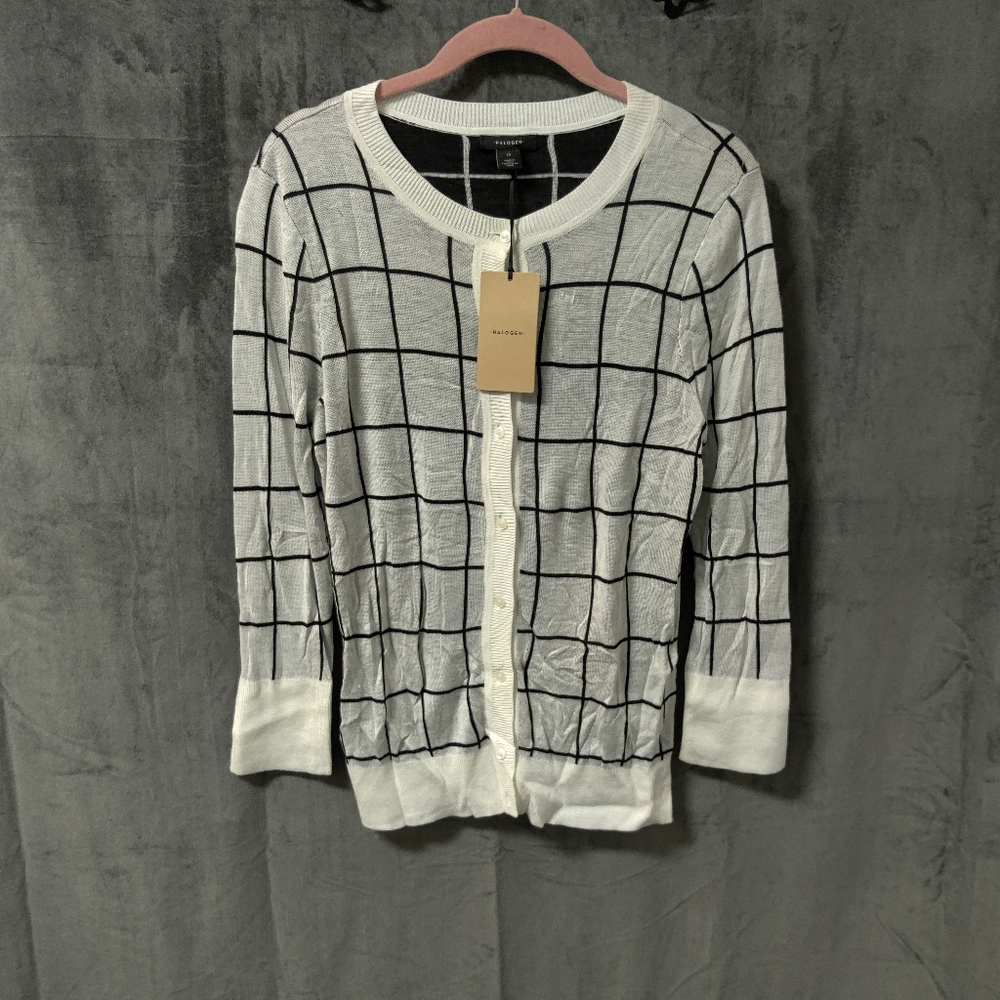 Halogen Black and White Windowpane Cardigan Sweater Size Medium NWT